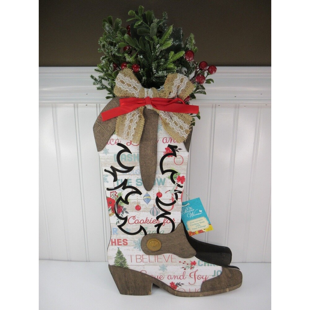 Pioneer Woman Holiday Tabletop Wood Cowboy Boot Christmas Floral Decor White New
